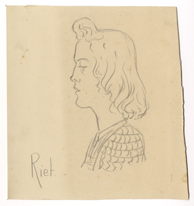 39723 Portret van een jonge vrouw, genaamd Riet, een van de medewerkers van een uitdeelpost in Utrecht. Borstbeeld ...